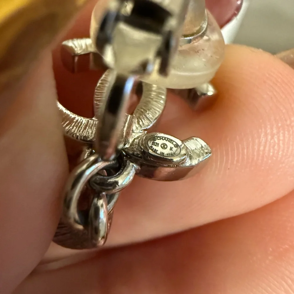 CHANEL Silver Crystal CC Teardrop Dangle Clip On Earrings